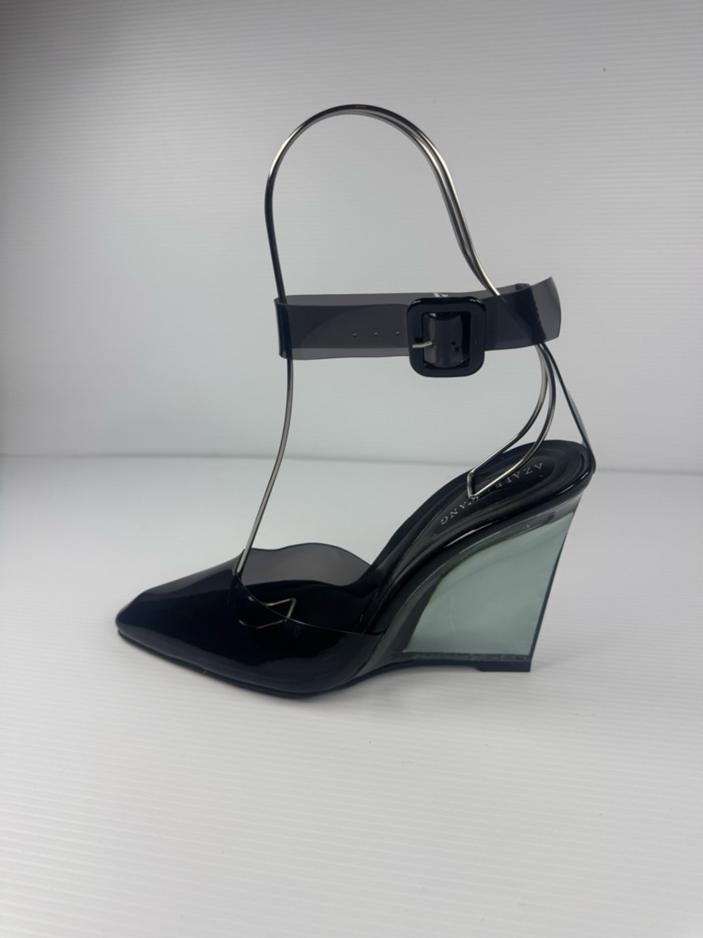 Azalea Wang Marco Smoke Wedge Heels Black Transparent Lucite Heel Pumps NIB